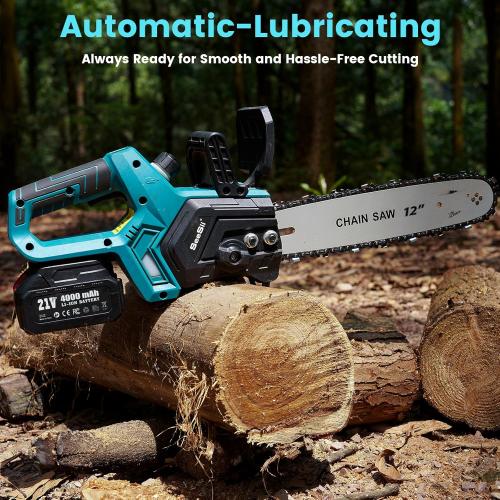 Size 12inch Color Blue  Electric Chainsaw Cordless 12-inch, Handheld Chain Saws with 2 x 4.0Ah Batteries, Tree Saw with Tool-free Chain Tension, Auto Oiling for Wood Cutting Trimming Branch