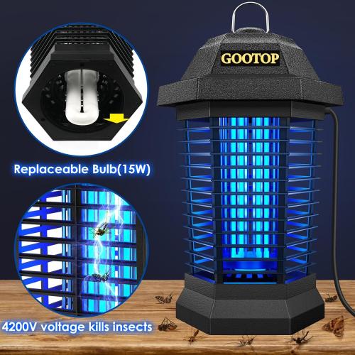 Black Zap T6 Pro GOOTOP Bug Zapper Outdoor, Mosquito Zapper, 3 Prong Plug in Electric Fly Zapper, Mosquito Killer, Fly Traps, Flying Insects Zapper Indoor Outdoor 90-130V, 4200V, ABS Plastic Outer (Black)