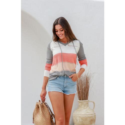 Size Small Color Striped BLENCOT Women Color Block Hooded Crochet Striped Sweaters Lightweight Drawstring Hoodies Pullover Trendy Sweatshirts