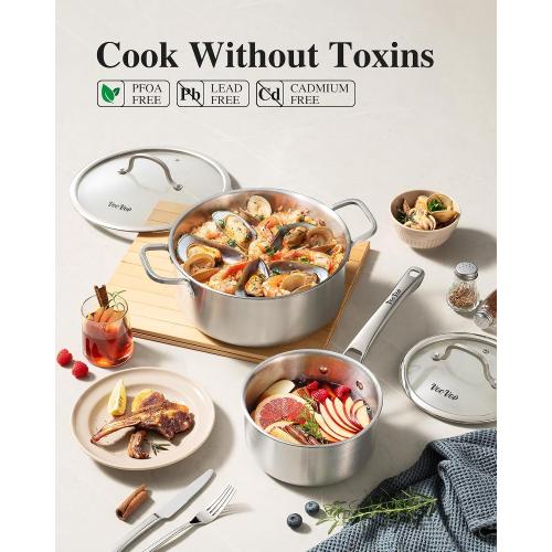 SILVER Stainless Steel Cookware Set,Tir-Ply Pots and Pans Set,10 Pcs Stainless Steel Induction Kitchen Cookware Sets,PFOA Free, Frying Pans,Saucepans,Saute Pan & Stock Pot,Compatible with All Cooktops