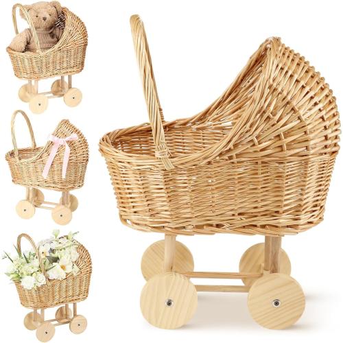 Wicker Baby Carriage for Baby Shower Vintage Wicker Stroller Woven Rattan Flower Basket Rustic Decorative Cart Storage with Handle for Floral Arrangement Wedding Photo Props(Wood Color,20 in)