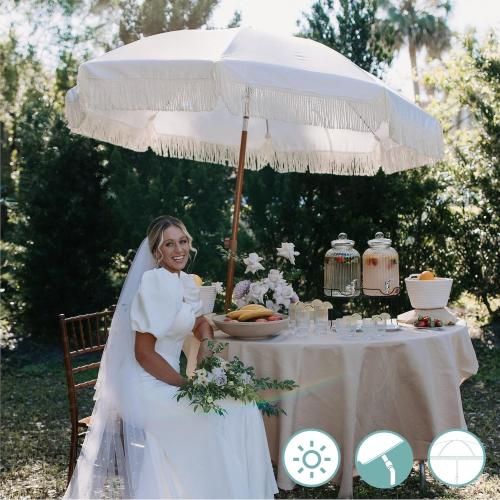 AMMSUN 7ft Patio Umbrella with Fringe Outdoor Tassel Umbrella UPF50  Premium Steel Pole and Ribs Push Button Tilt, Cream White