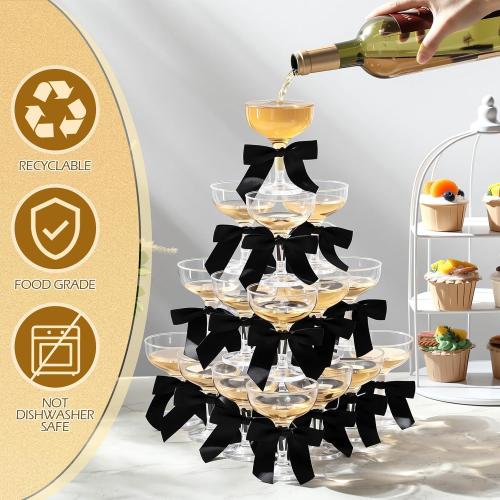Zopeal 30 Set Champagne Coupe Cocktail Glasses 5 oz with Satin Ribbon Black Bow 3.5 Inch Plastic Margarita Martini Glasses for Birthday Bachelorette Party Gift Wedding Champagne Tower