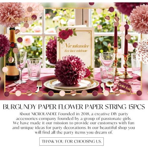 NICROLANDEE Bachelorette Party Decorations 15Pcs Burgundy Tissue Pom Poms