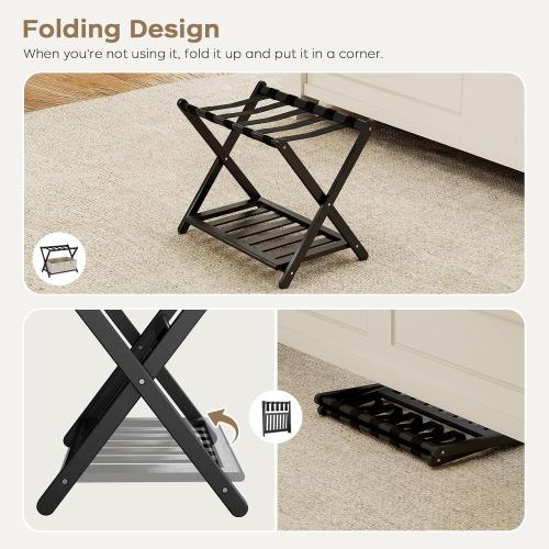 2 Pack Fully Assembled Black Luggage Racks, Bamboo 26.77 Folding Suitcase Stand for Guest Room with 5 Nylon Straps, Heavy Duty, Upgraded Luggage Rack Holder with Shelf for Bedroom Hotel