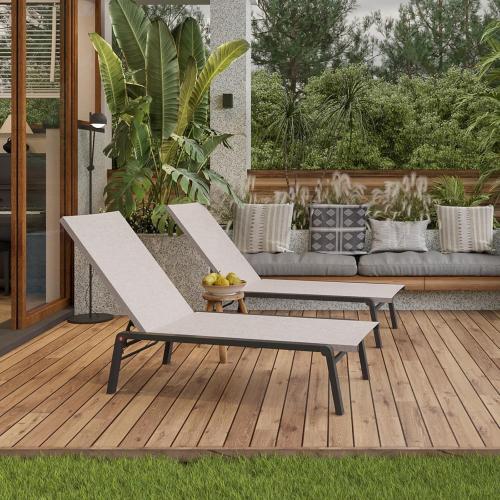 Patio Chaise Lounge Set of 2 with 4 Adjustable Backrest, Foldable Aluminum Chaise Lounge Chair Recliner for Outdoor, Poolside, Sun Tanning Beige