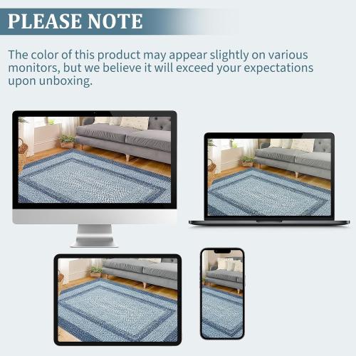 Washable Rug  Boho Accent Carpet Modern Geometric Floor Carpet Indoor Throw Floor Cover Braided Print Rug Low Pile Non Slip Farmhouse Rustic Bohemian Carpet for Living Room Bedroom, Blue