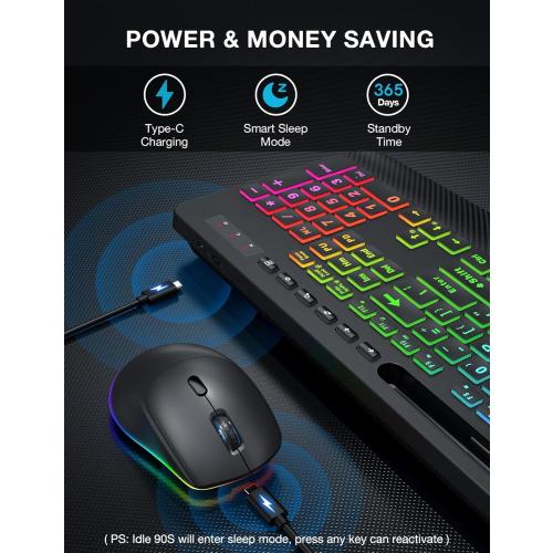 Color Black SABLUTE Wireless Keyboard and Mouse Combo, 9 Backlit Effects, Large Print, Wrist Rest, Phone Holder, 2.4G Lag-Free Ergonomic Keyboards, Rechargeable Easy to See Cordless Set for Computer, Laptop, PC