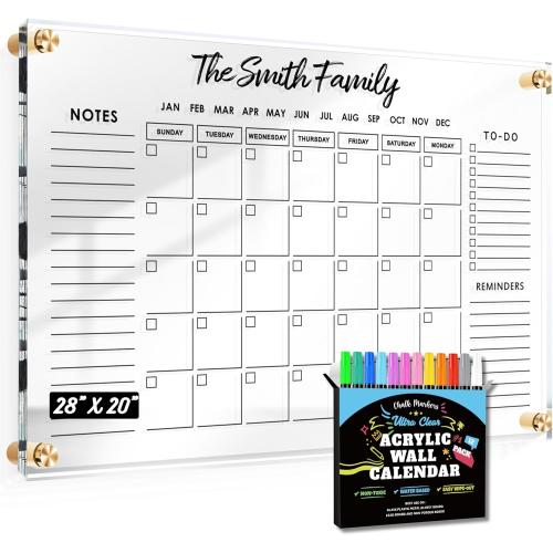 28x20 Large Oversize Crystal Clear Acrylic Wall Calendar Dry & Erase Board | 28 X 20 | Monthly Family Calendar Home Office Glass Calander Reusable Big Whiteboard | Free Pens & Eraser