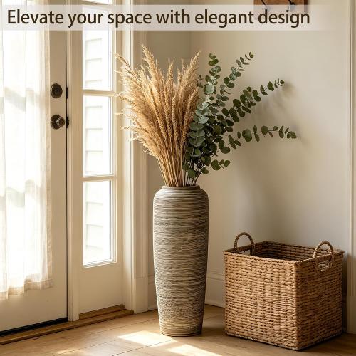 19.7 Inch Rustic Ceramic Large Floor Vase, Ribbed Textured Rustic Farmhouse Vase for Pampas Grass, Living Room & Entryway Décor, Handmade Ceramic Accent