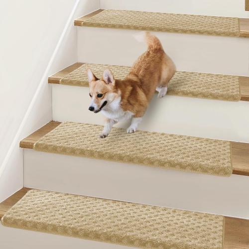 Size 9.5x30 2 Pcs Color Brown  Stair Treads Non Slip 9.5 x 30, 2 Pcs Carpet Stair Treads for Wooden Steps Indoor with Edge Protection, Reusable Peel and Stick TPU Backing Stair Runner Rugs - Lattice Pattern Beige