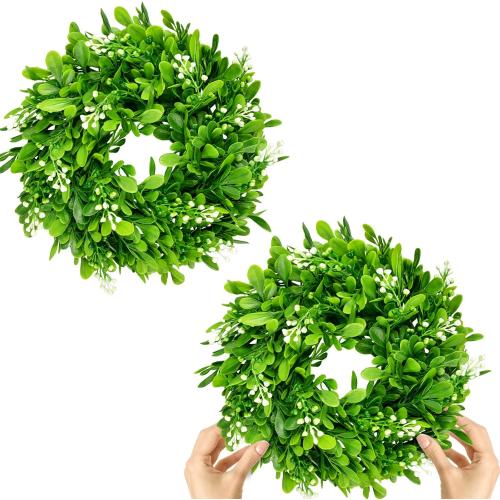 2 Pcs Christmas Boxwood Wreath Artificial 10 Inch Green Leaves for Front Door Cabinets Wreath Indoor Outdoor Wall Decor Christmas Wall Home Kitchen Decoration