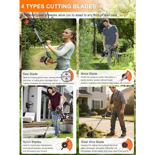 Electric Weed Wacker Cordless Weed Eater Battery Powered with 5 Types Blade, 3 in 1 Cordless Grass Trimmer/Brush Cutter with 2X 21V 4.0Ah Batteries for Lawn, Garden