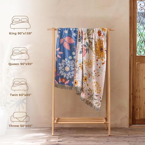 Boho Throw Blanket for Couch Sofa Chair Cotton Breathable Blankets for Bedroom Living Room All Season Soft Lightweight Reversible Floral Embroidery Throws Home Decor 50x 60