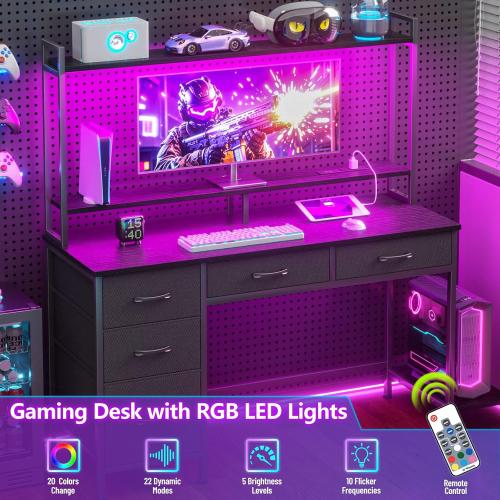 Black Computer Gaming Desk with Hutch, Home Office Desk with Power Outlets, LED Light, 5 Storage Drawers, 2 Tiers Shelves for Display, 47 Inch Modern Study Writing Table for Bedroom, Black