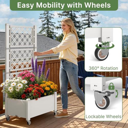 Miory 60 Raised Garden Bed with Trellis & Wheels, Vertical Gardening Planter Box with Water Level Indicator and Drainage System for Garden Outdoor Patio Balcony