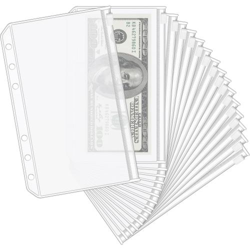 KTRIO  A6 Binder Pockets  Holes Cash Envelopes for Budgeting, Clear Zipper Pouch Folders A6 Planner Inserts, Waterproof PVC Loose Leaf Filing Bags Plastic Money Coupon Sticky Notes Organizer