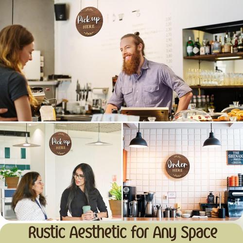 Woodamore Order Here Pick Up Here Signs, 2 Pack 10 in Round Wood for Cafes