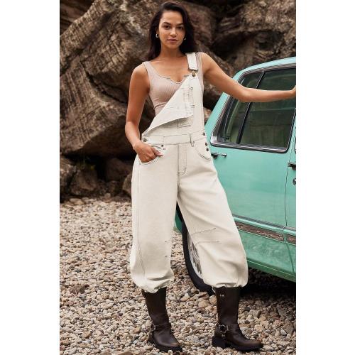 Size M ReachMe Womens Casual Adjustable Bib Overalls Classic Wide Leg Jumpsuits Vintage Barrel Overalls Baggy Pants with Pockets