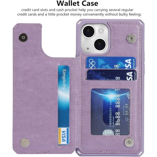 iCoverCase for iPhone 13 Wallet Case with Card Slots Holder Kickstand [RFID Blocking] Embossed Leather Magnetic Shockproof Cover with Wrist Strap (Heart Purple), Purple