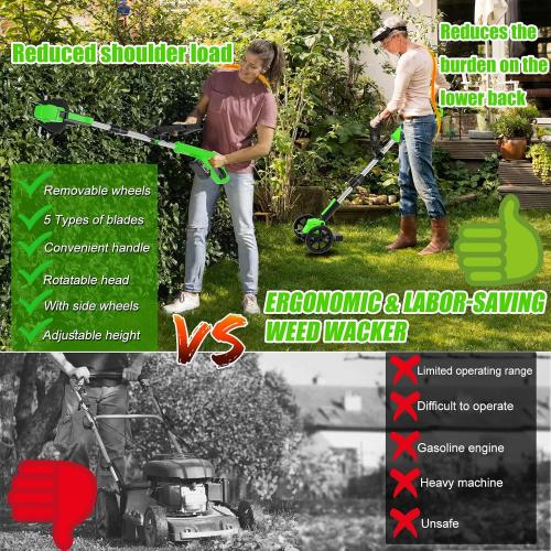 Color Green Electric Cordless Weed Wacker Eater Battery Powered, Lightweight No-String Weed Trimmer with 2 21V/2Ah Battery Operated&5 Types Blade&Wheels, Grass Trimmer/Edger Lawn Tool/Brush Cutter for Garden Yard
