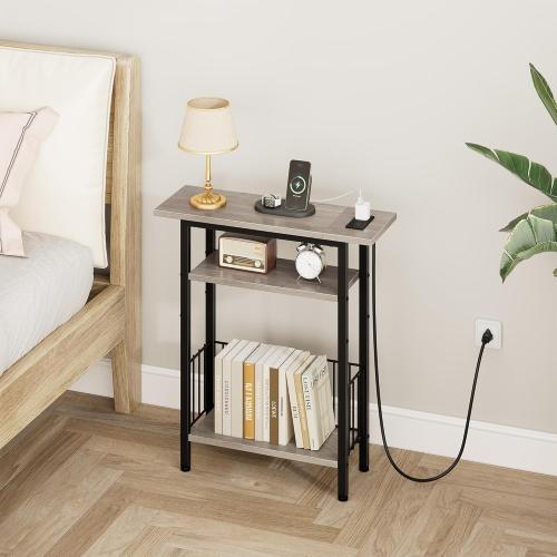 Vagusicc Narrow Side Table with Charging Station, Skinny Side End Table for Couch, 3-Tier Small End Tables for Small Spaces, 25.2 Tall Slim Nightstand Bedside Table for Living Room, Bedroom, Greige