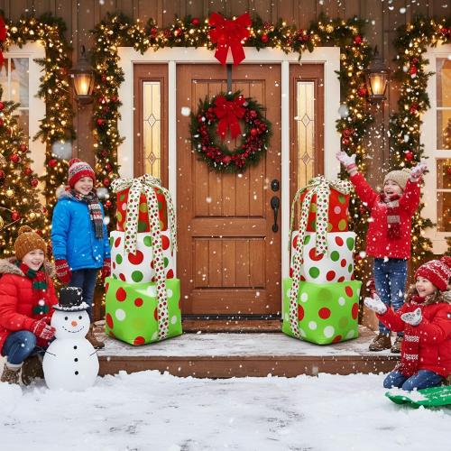 2 Pcs 3 ft Christmas Inflatable Gift Box Decorations, PVC Xmas Gift Box for Holiday Indoor Outdoor Yard Garden Lawn Photo Props