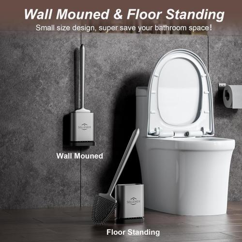 Sellemer Toilet Brush and Holder Set - Flexible Toilet Bowl Brush Head with Silicone Bristles, Compact Size for Storage and Organization, Ventilation Slots Base (1 Pack, Silver)