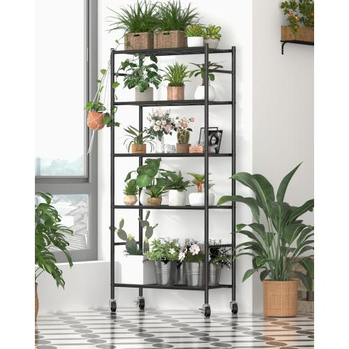 Sakugi Storage Shelves Organizer - 5 Tier Metal Shelf Organizer with Metal Wheels and Adjustable Leveling Feet, Heavy Duty Garage Shelving for Kitchen, Pantry and Closet, 33.1x12.6x73.5, Black