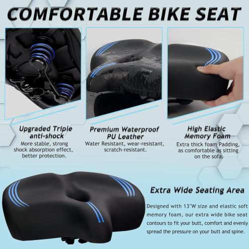 Oversized Bike Seat for Men & Women Comfort, Extra Wide Soft Padded Bicycle Seat Cushion, Large Comfortable Replacement Saddle for Peloton, Stationary Exercise Bike, Cruiser, Ebike, City Bike