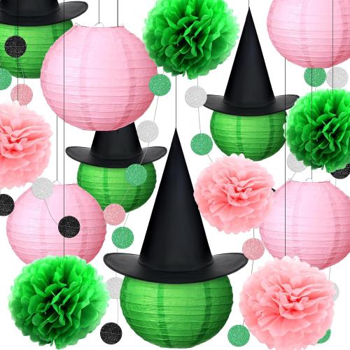 DIY Witch Party Decorations Set 10 Inch Green and Pink Paper Lanterns Hanging Pom Poms Hats Witch Princess Theme Garland for Enchanted Birthday Cosplay Fantasy Celebrations