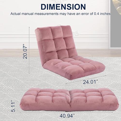 Floor Chair, 24 inches Wide Oversized Velvet Armless Lay Flat Floor seat Padded Meditation Chair with 6 Adjustable Position Ergonomic Comfortable Convenient(LRSF-008-PINK)