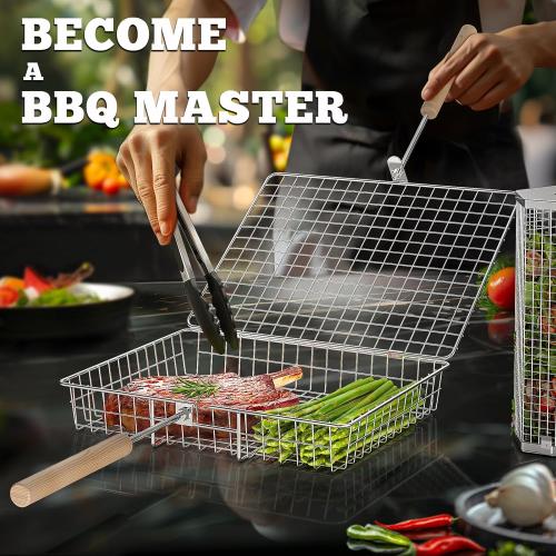 ivtivfu Grill Basket Set, Removable Wooden Handle, Rolling Grilling Tools | 304 Stainless Steel, Smoker BBQ Accessories for Vegetable Fish, Outdoor Cooking Camping, Birthday Gifts for Men Dad Husband