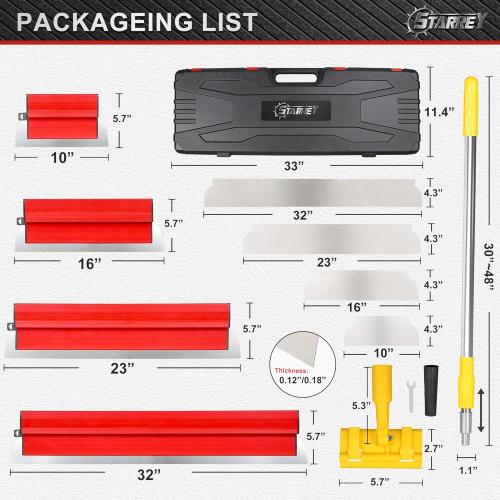 Drywall Skimming Blade Set with 30 - 48 Extension Handle 10in/16in/24in/32in Stainless Steel Skimming Blades for Wall Surface Smoothing Drywall Plaster Wallboard Includes Replaceable Blades