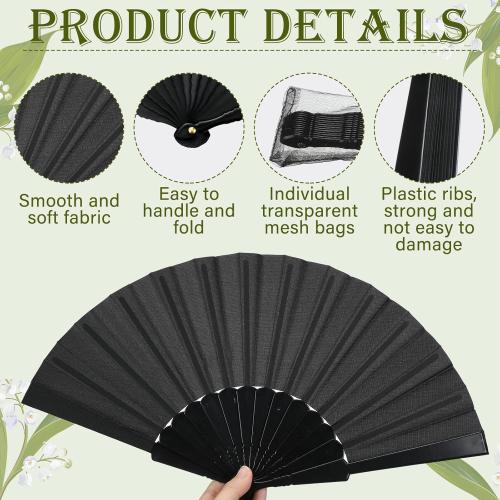 Wenqik 80 Pcs Wedding Folding Hand Fans Bulk Silk Fabric Chinese Handheld Foldable Clack Fans with Plastic Ribs for Party, Wedding Gifts, Line Dancing, Home Decorative (Black)