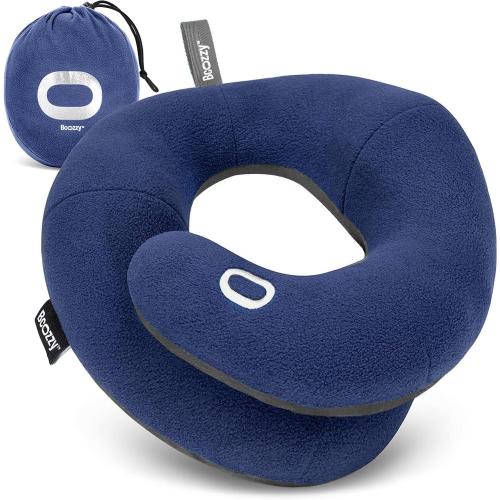 BCOZZY Travel Neck Pillow for Airplane – Patented Double Support for Head, Neck, and Chin. Best for Long Flights, Plane Sleeping, and Car Rides. Adjustable Size. Fully Washable. Carry Bag. Large, Navy