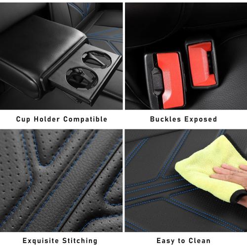 Color Black and Blue Truck Seat Covers Compatible with Ford F-150 2009-2025 XL XLT Lariat King Ranch Platinum Tremor Pickup Faux Leather Cushion Protector Fit Ford F150 Crew Cab(Black Blue, Full Set)