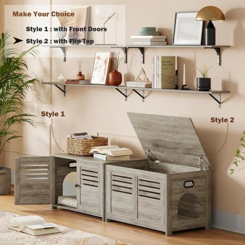 DINZI LVJ Litter Box Enclosure, Cat Litter House with Louvered Doors, Entrance Can Be on Left or Right Side, Spacious Hidden Washroom for Most of Box, Furniture Cabinet, Gray Wash