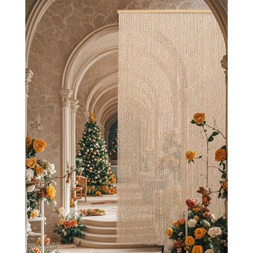 90 Strands Beaded Curtain for Doorways -35.5x79- Handmade Natural Beaded Curtains，Boho Doorway Wood and Bamboo Bead Curtain-As Insect Screen/Room Divider-Beige