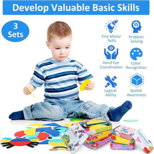 Libima 108 Pcs Open Ended Wooden Shape Puzzles with 180 Pcs Pattern Cards, Wooden Montessori Jigsaw Puzzles Toddlers 3  Years Old STEM Travel Games for Kids Preschool Education Activity Blocks