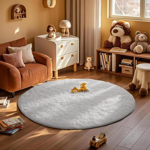 Ophanie Round Rug Large White Circle Area Rug, Aesthetic Room Decor, Fluffy Fuzzy Bedroom Carpet, Plush Soft Shaggy Living Room Rugs for Kids Home Decor, Nursery