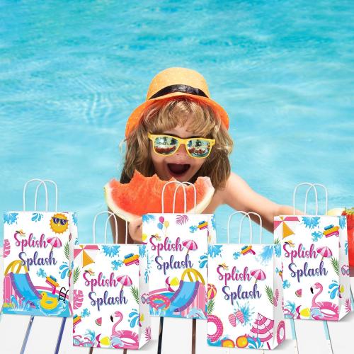 24Pcs Splish Splash Party Paper Bags Splish Splash Birthday Decorations Water Slide Kraft Gift Bags with Handles Pool Birthday Paper Candy Treat Bag for Kids Swimming Bash Hawaiian Luau Party Supplies