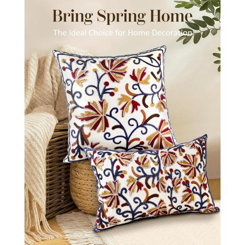 Embroidered Throw Pillow Cover - 20x20 Decorative Pillow Cover with Zipper Aesthetic Cute Design Boho Spring Summer Throw Pillowcase for Living Room Couch Sofa Bed, Fall Flower