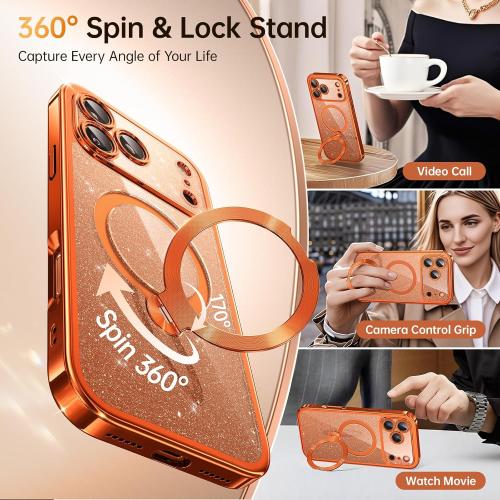 Offical Cosmic Orange for iPhone 17 Pro Max Case with 360 Spin Stand [DIY Glitter Cardstock] [Fit for MagSafe] 16FT Mil-Protection Polished for iPhone 17 Pro Max Case with Stand 6.9'', Cosmic Orange