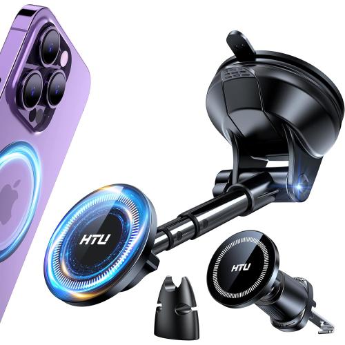 HTU 2025 Upgraded for Magsafe Car Mount [80LBS Strongest Suction & Military-Grade] Powerful Magnetic Cell Phone Holder for Car Dashboard Windshield for iPhone 16 15 14 Pro Max Mini (Black)