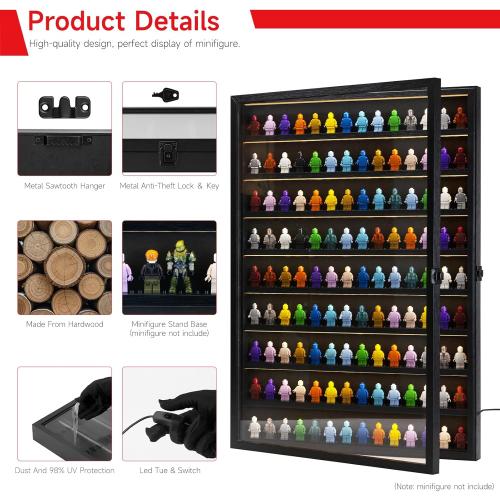 SIXPOINTS LED Minifigures Display Case-Wall Mount Miniature Action Figure Display Cabinet Holder-Holds 126 Figure Men Miniatures Collection-Lockable (Black Wood Finish)