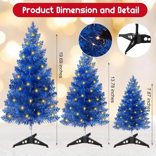 Realspring Blue 3 Pcs Mini Christmas Tree with Lights Tabletop 20/14/8 Inch Small Artificial Xmas Trees Miniature Pine Xmas Tree Bottle Brush Trees for Christmas Home Table Decor