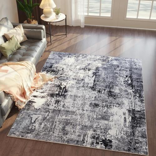 Size 4x6 Color Grey Rug Washable Boho Soft Area Rug Abstract Pattern Non-Slip Faux Wool Vintage Rug for Living Room, Bedroom Rug, Farmhouse, Dining Room, Kids Playroom, Grey and Black