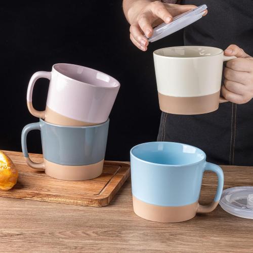 AmorArc 24 Ounces Soup Bowls with Large Handles and Lids, Stoneware Bowls for Soup, Cereal, Stew, Noodle, Colourful Ceramic Kitchen Bowls, Microwave & Dishwasher Safe (Multi-Color2, Set of 2)
