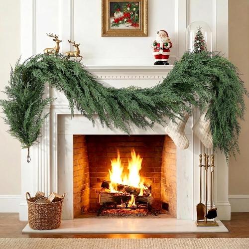 Christmas Cedar Garland Realistic - Cypress Decorations with Lights 6ft for Mantle Lighted Faux Pine Garlands for Xmas Home Decoration Indoor Stairs Railing 6 ft Fireplace Outdoor Prelit Door Decor